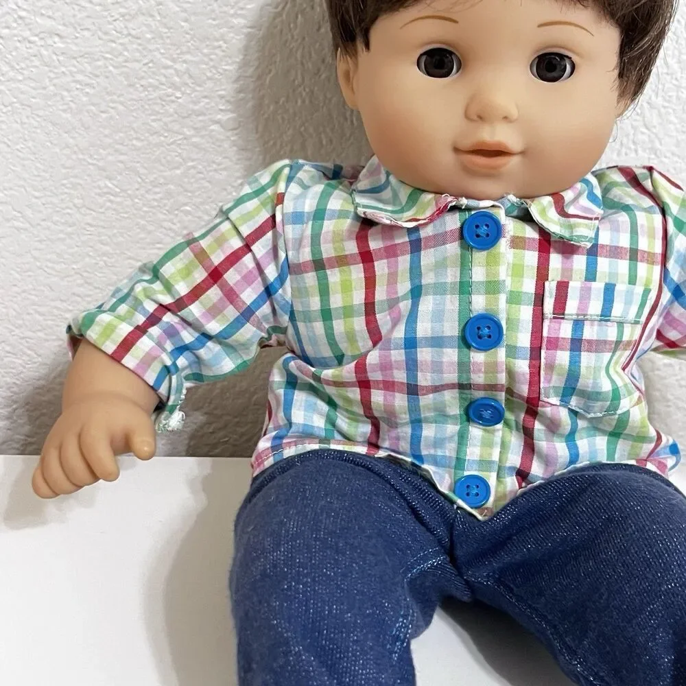 American Girl Bitty Baby Boy Twin Doll Brown Hair Brown Eyes Plaid Shirt 16